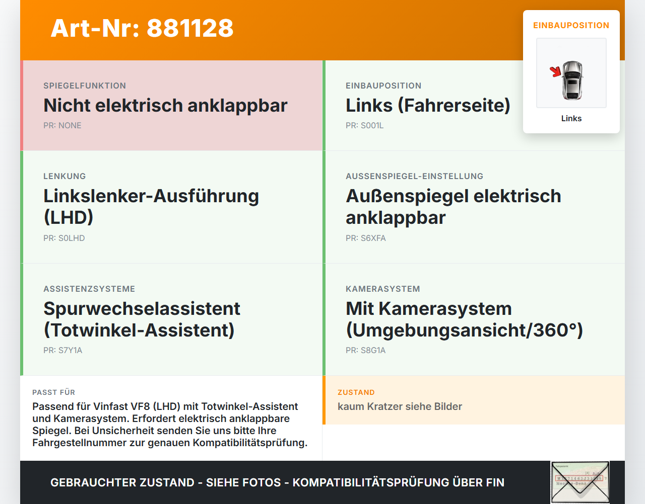 Vinfast VF8 Spiegel Aussenspiegel Links Kamera Totwinkelassistent Vinfast VF8 01.11.2023 1K8941005K gebraucht Vorschau 3