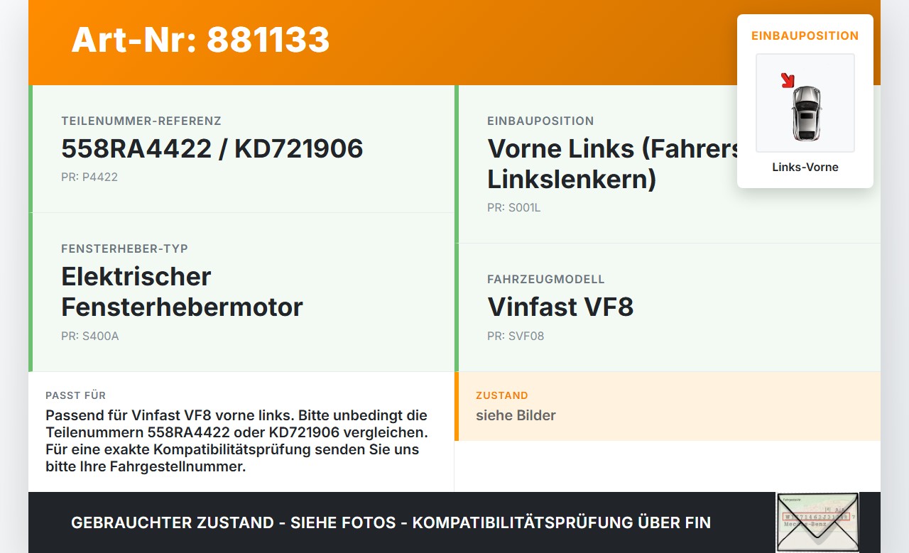 Vinfast VF8 Fensterhebermotor Links Vorne Vinfast VF8 01.11.2023 558RA4422 KD721906 gebraucht Vorschau 3