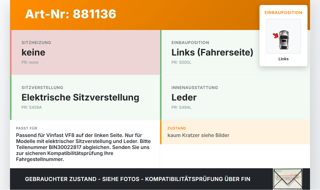 Vinfast VF8 Schalter Links für Sitzverstellung Vinfast VF8 01.11.2023 BIN30022817 gebraucht Vorschau 3
