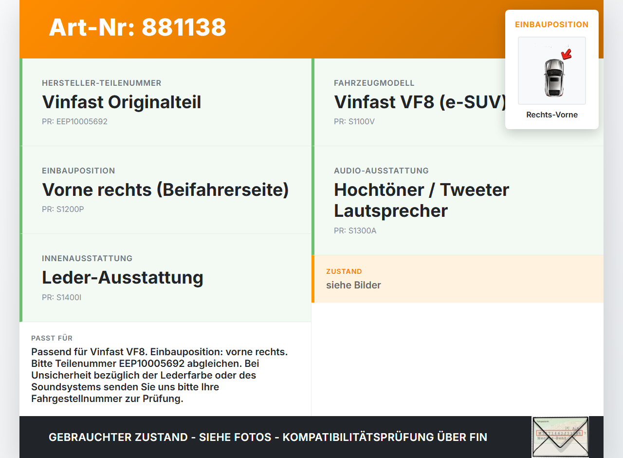 Vinfast VF8 Lautsprecher Hochtöner Rechts Vorne Vinfast VF8 01.11.2023 EEP10005692 gebraucht Vorschau 3