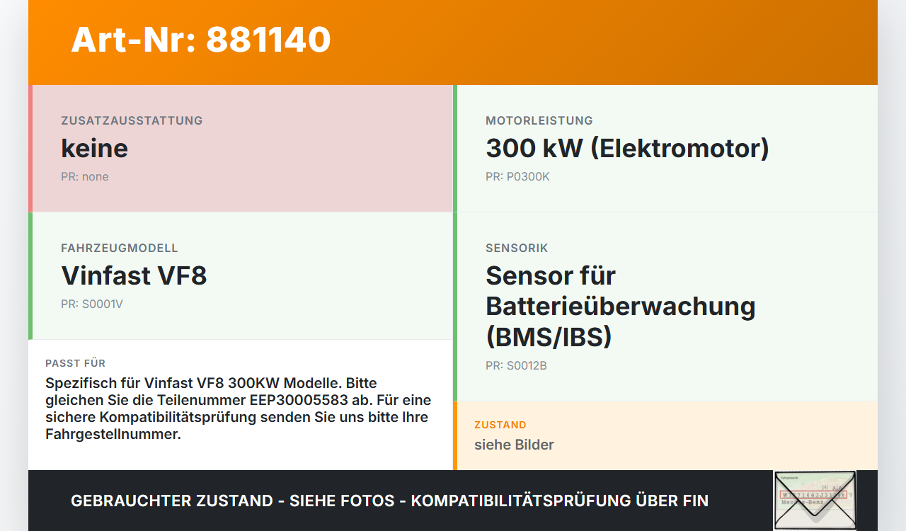 Vinfast VF8  300KW Sensor Batterieüberwachung Vinfast VF8 01.11.2023 EEP30005583 gebraucht Vorschau 3