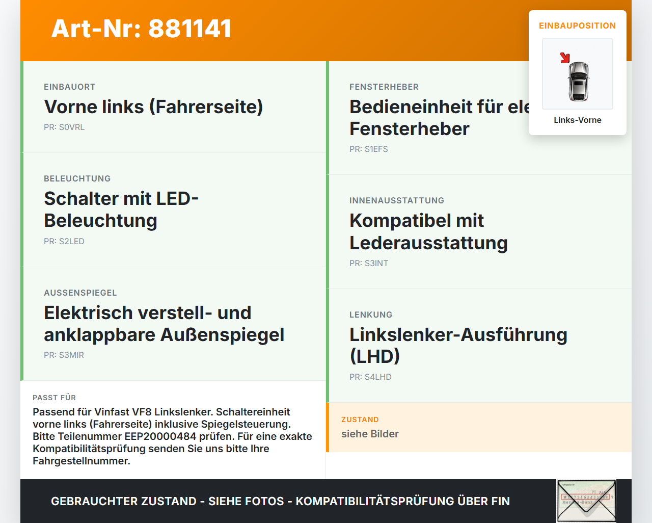 Vinfast VF8 Fensterheberschalter Schalter Links Vorne Vinfast VF8 01.11.2023 EEP20000484 gebraucht Vorschau 3