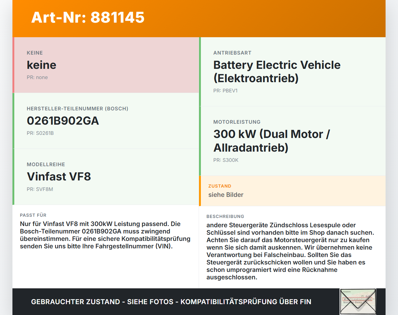 Vinfast VF8  300KW Steuergerät ECU für Motor Motorsteuergerät Vinfast VF8 01.11.2023 0261B902GA gebraucht Vorschau 3