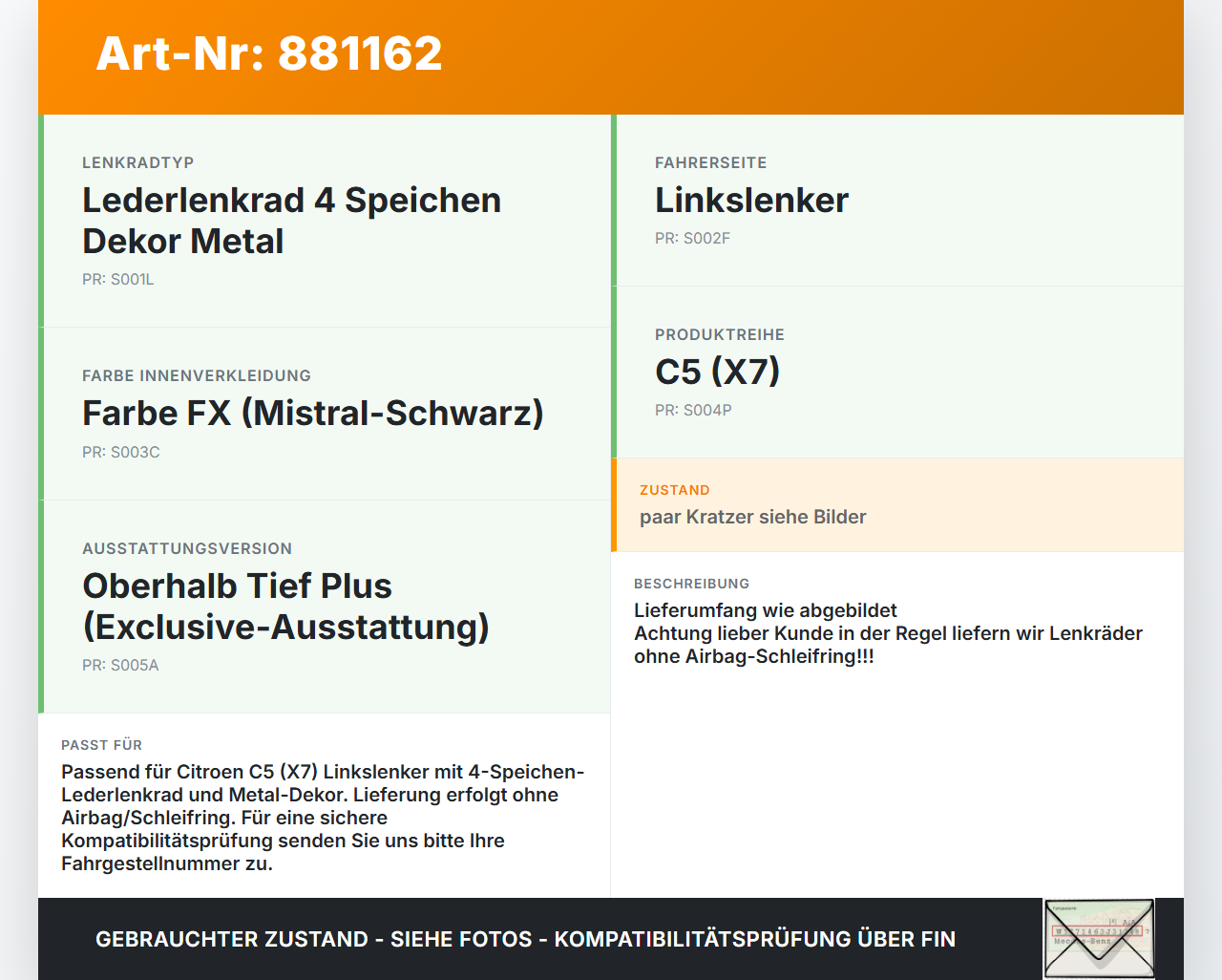 Citroen C5 RD TD 12-14 Lenkrad Airbaglenkrad Citroen C5 RD TD 12-14 14.09.2012 98015973ZD 34138000A gebraucht Vorschau 3