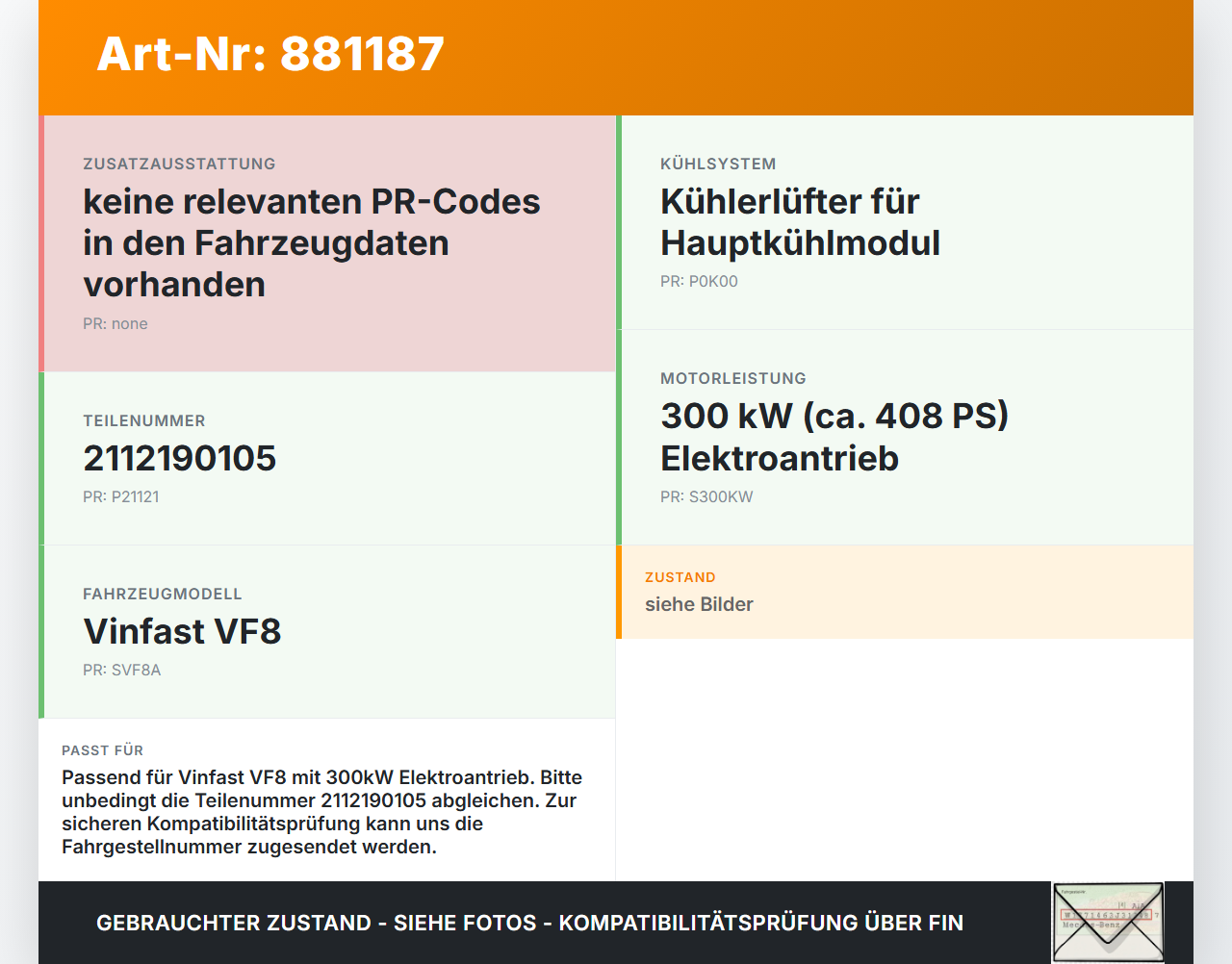 Vinfast VF8  300KW Lüfter Ventilator f. Kühler Vinfast VF8 01.11.2023 2112190105 gebraucht Vorschau 3