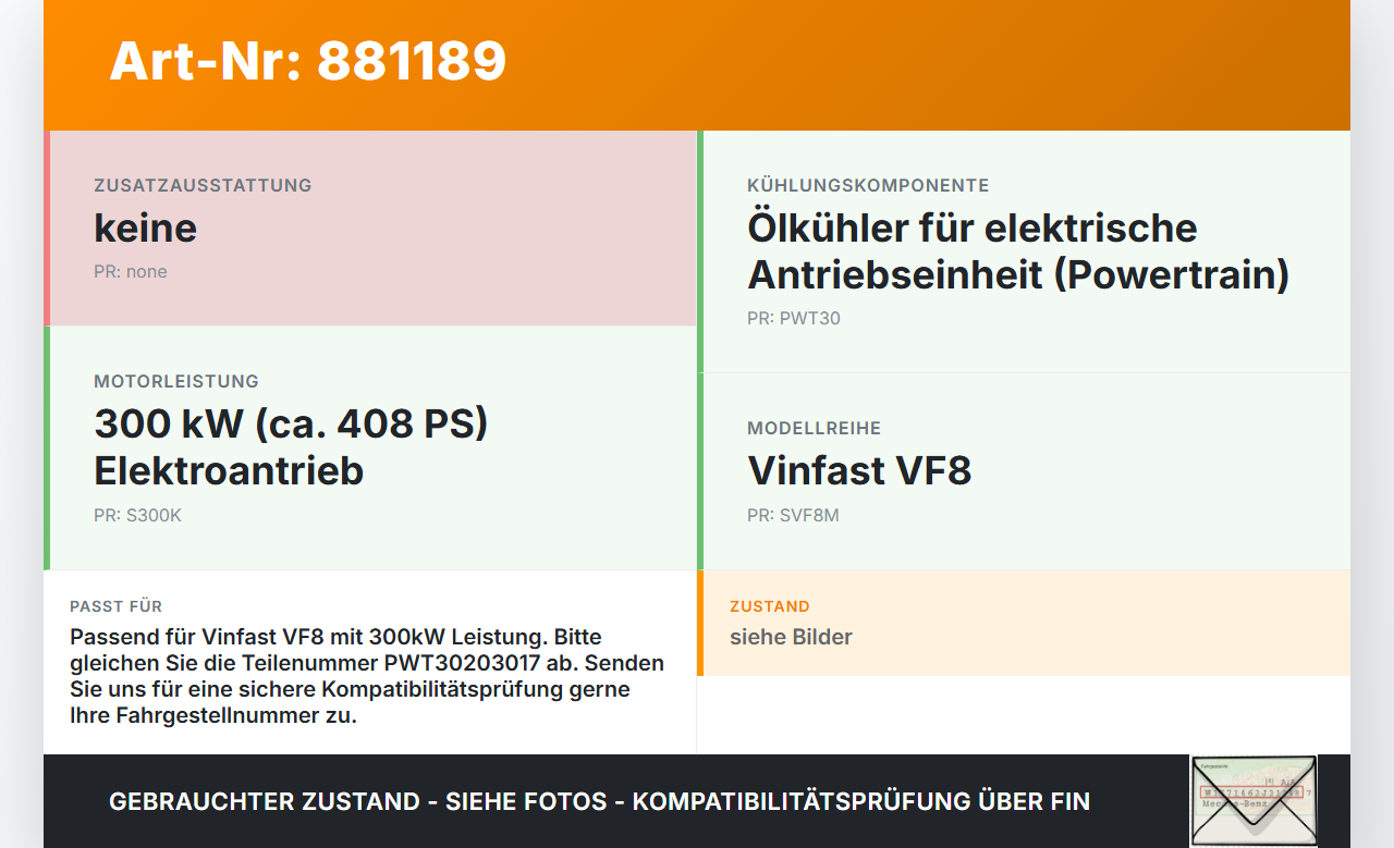 Vinfast VF8  300KW Ölkühler Vinfast VF8 01.11.2023 PWT30203017 gebraucht Vorschau 3