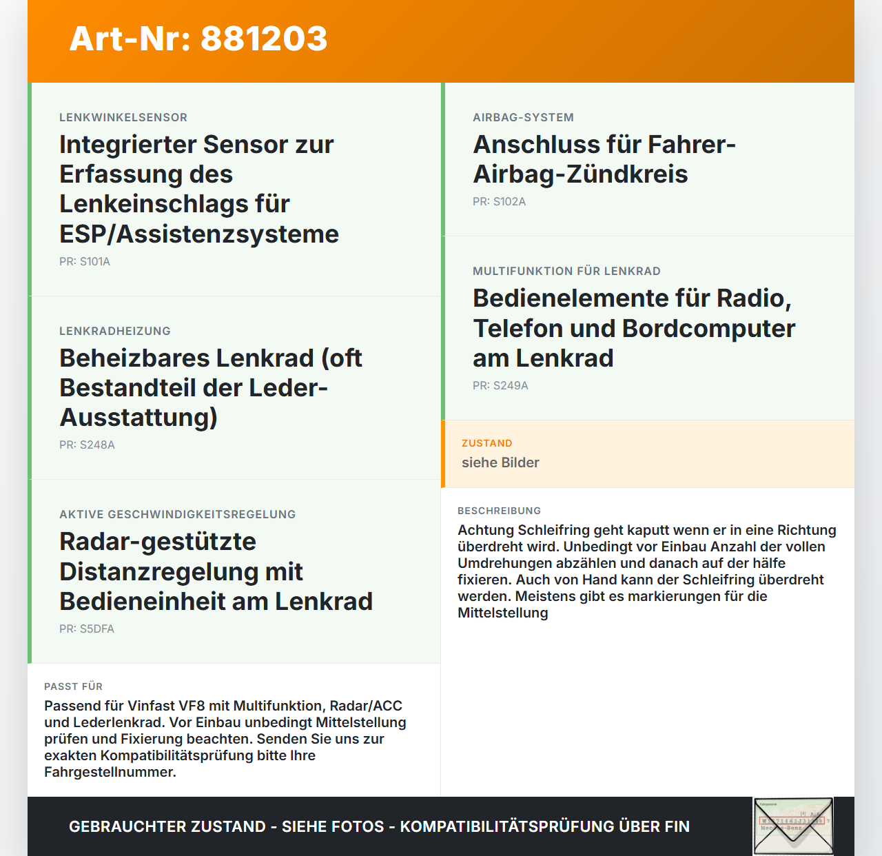 Vinfast VF8 Airbag Schleifring Wickelfeder Vinfast VF8 01.11.2023 VF35B gebraucht Vorschau 3