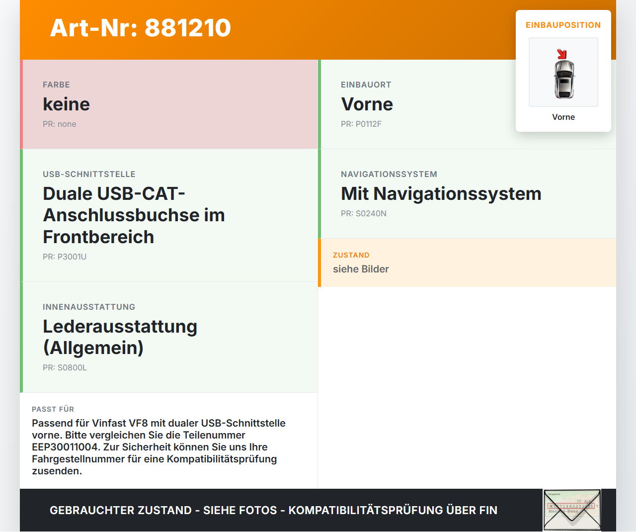 Vinfast VF8 USB Buchse Anschluss Sockel Vorne Dual Vinfast VF8 01.11.2023 EEP30011004 gebraucht Vorschau 3