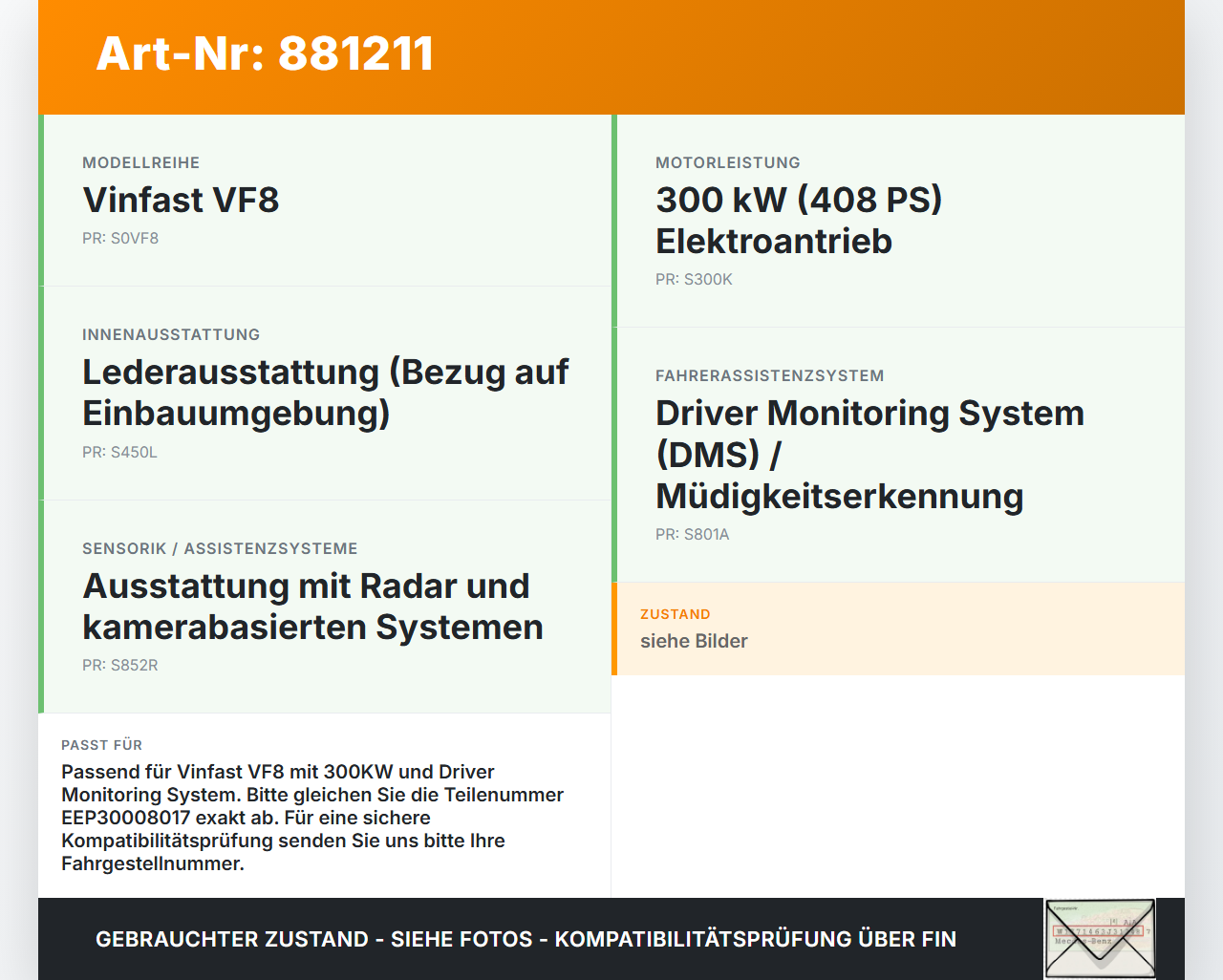 Vinfast VF8  300KW Kamera Sensor DMS Cam Vinfast VF8 01.11.2023 EEP30008017 gebraucht Vorschau 3