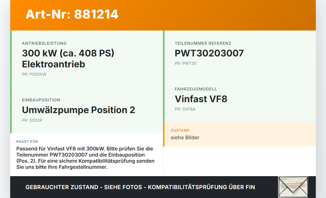 Vinfast VF8  300KW Wasserpumpe Umwelzpumpe Pos.2 Vinfast VF8 01.11.2023 PWT30203007 gebraucht Vorschau 3
