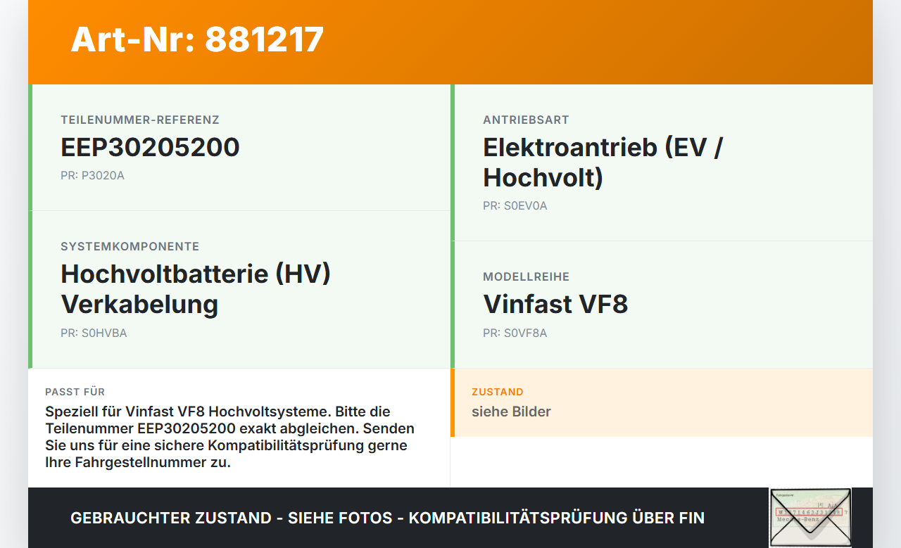 Vinfast VF8 Kabelbaum für Batterie HV Hochvolt Vinfast VF8 01.11.2023 EEP30205200 gebraucht Vorschau 3