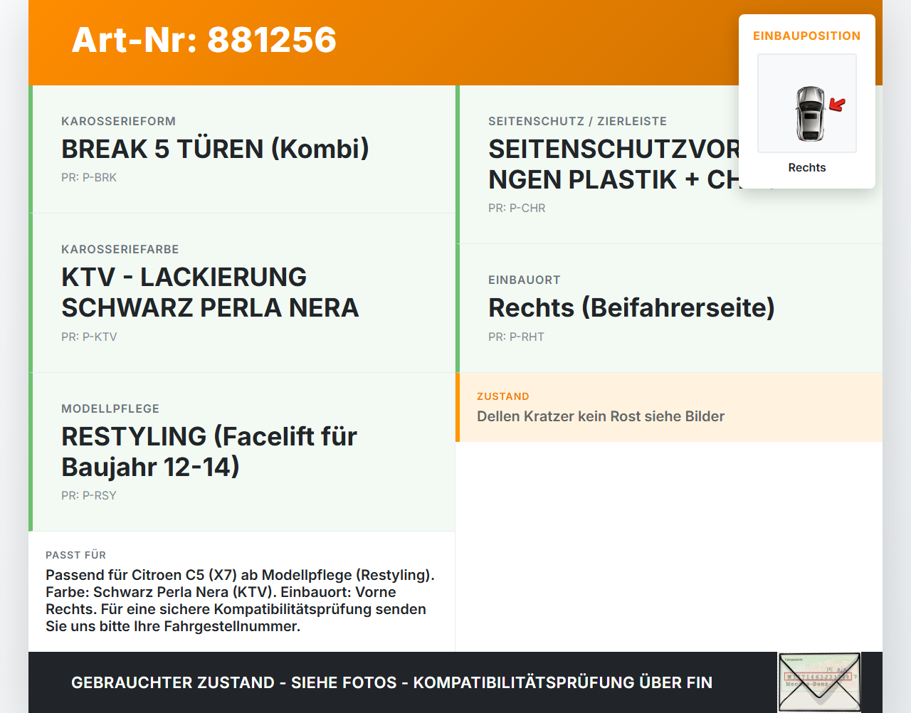 Citroen C5 RD TD 12-14 Kotflügel Rechts KTV Citroen C5 RD TD 12-14 14.09.2012 gebraucht Vorschau 3
