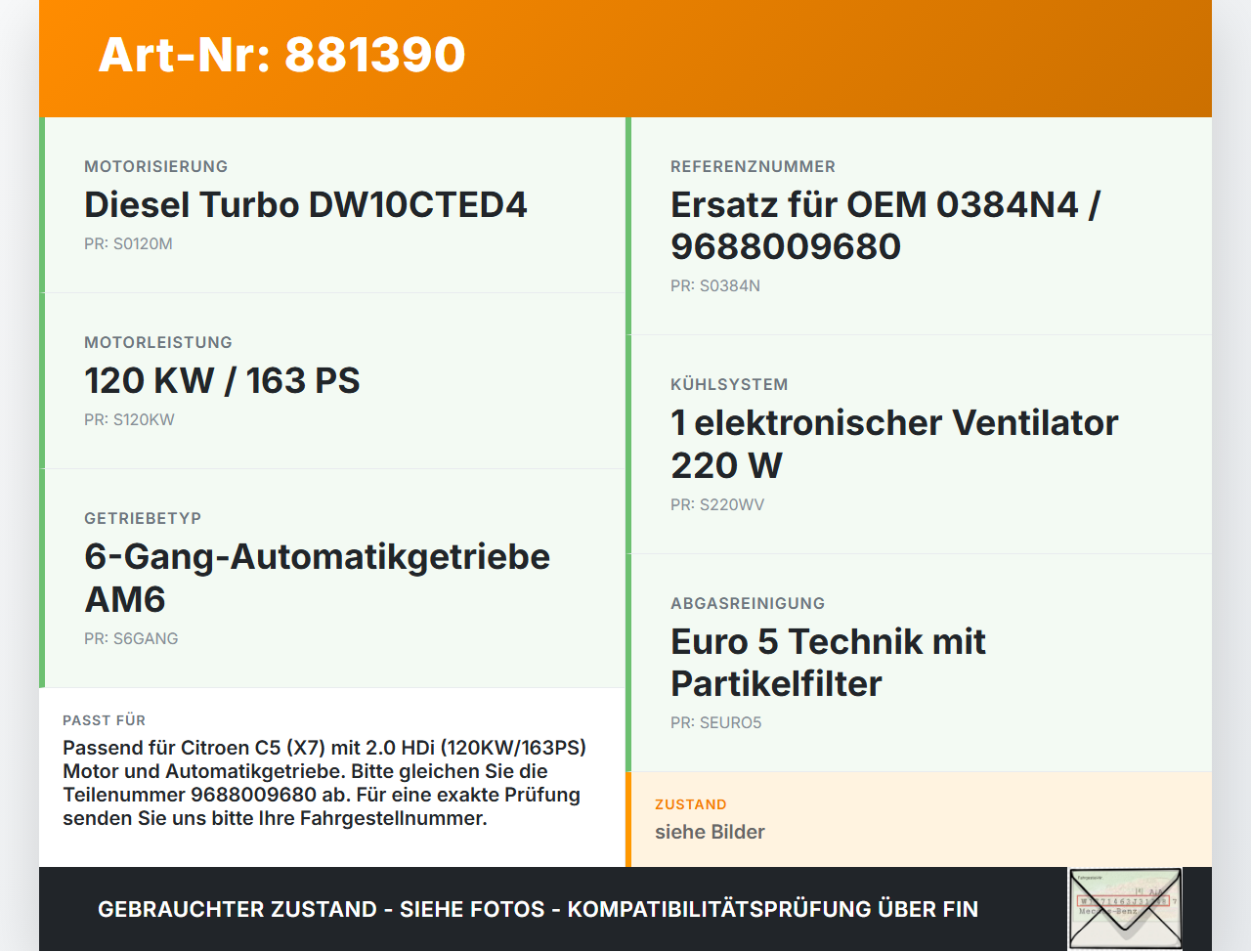 Citroen C5 RD TD 12-14 HDi 2,0 120KW Ladeluftkühler Kühler Citroen C5 RD TD 12-14 14.09.2012 9688009680 0384N4 gebraucht Vorschau 3