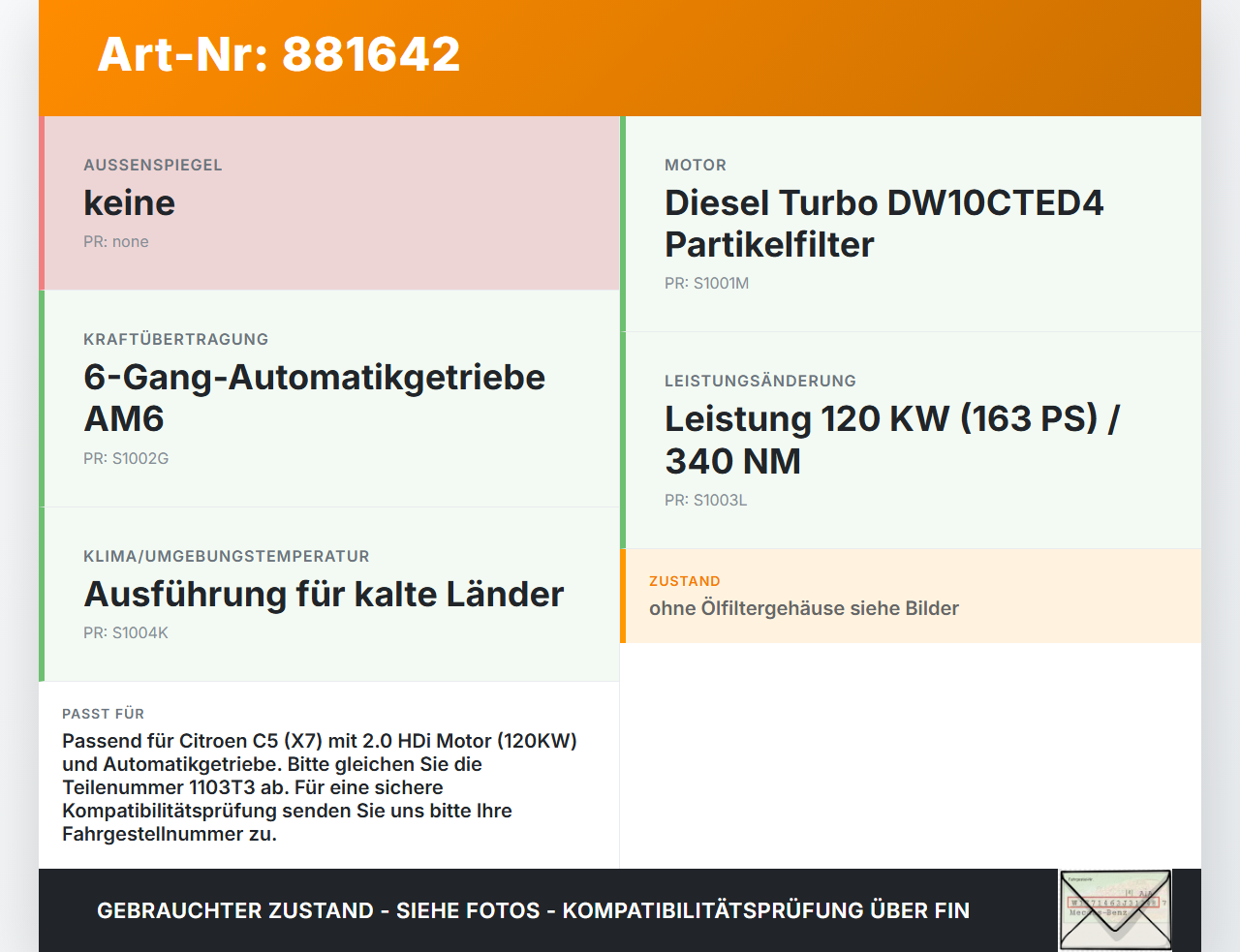 Citroen C5 RD TD 12-14 HDi 2,0 120KW Ölkühler Citroen C5 RD TD 12-14 14.09.2012 1103T3 gebraucht Vorschau 3
