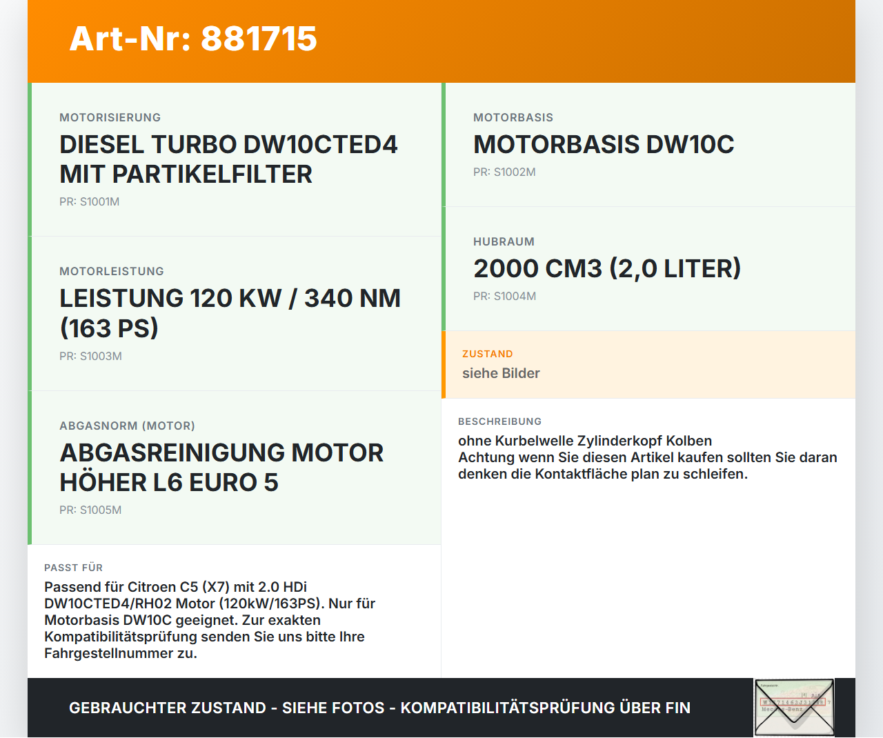 Citroen C5 RD TD 12-14 HDi 2,0 120KW RH02 Motorblock für Motor Citroen C5 RD TD 12-14 14.09.2012 gebraucht Vorschau 3