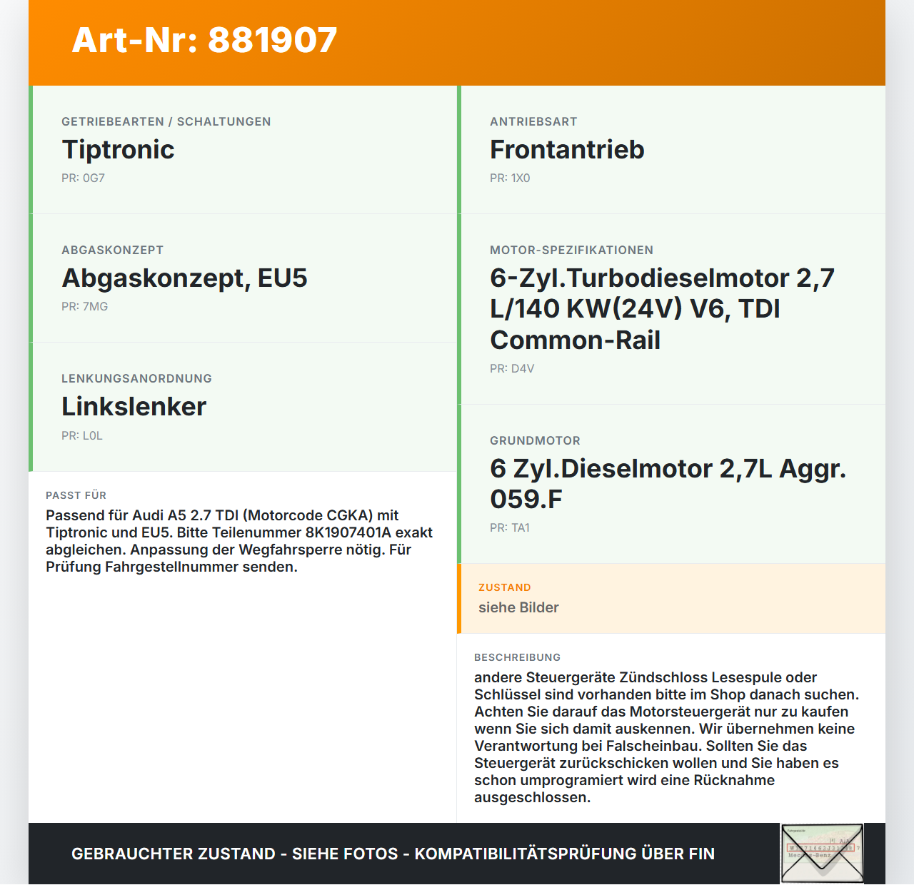 Audi A5 8T 07-12 TDI 2,7 140KW Steuergerät ECU für Motor Motorsteuergerät Audi A5 8T 07-12 20.09.2008 8K1907401A... Vorschau 3