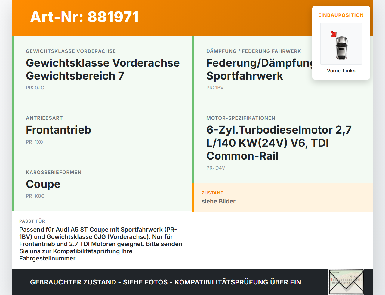 Audi A5 8T 07-12 Coupe Stossdämpfer Federbein Vorne Links Orig. Sachs Audi A5 8T 07-12 20.09.2008 8T0413031Q gebraucht Vorschau 3