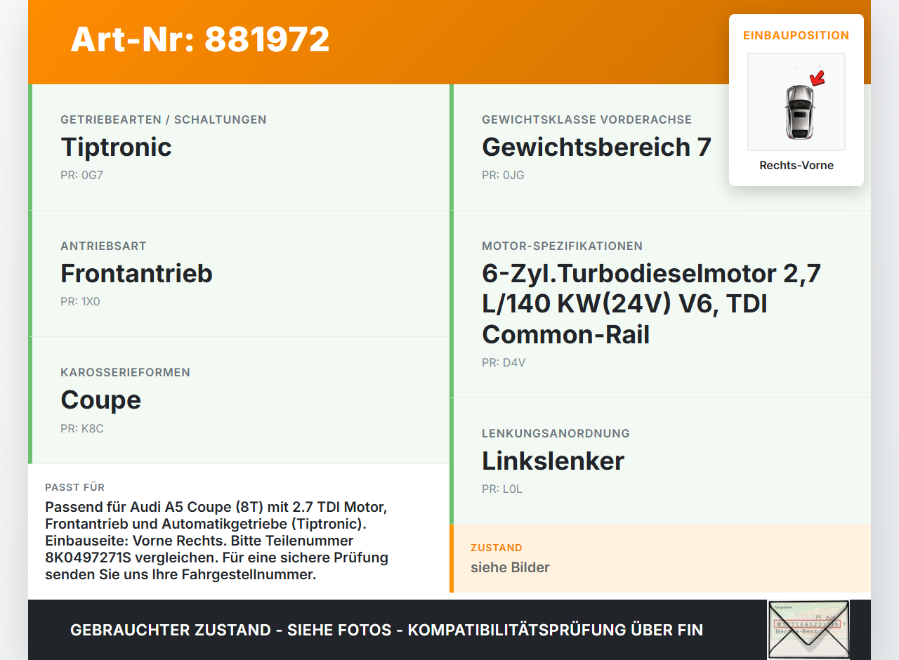 Audi A5 8T 07-12 TDI 2,7 140KW Autom Antriebswelle Gelenkwelle Rechts Vorne Audi A5 8T 07-12 20.09.2008 8K0497271S... Vorschau 3