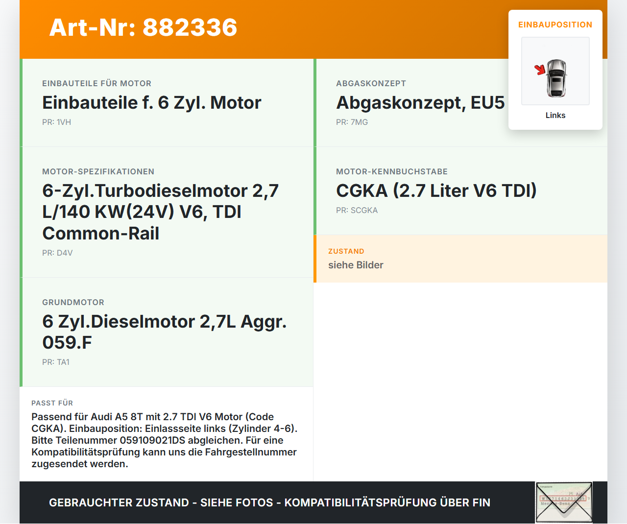 Audi A5 8T 07-12 TDI 2,7 140KW CGKA Nockenwelle Einlass Links Audi A5 8T 07-12 20.09.2008 059109021DS gebraucht Vorschau 3