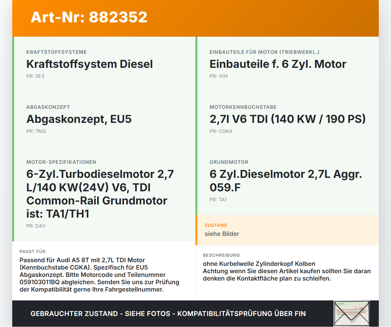 Audi A5 8T 07-12 TDI 2,7 140KW CGKA Motorblock für Motor Audi A5 8T 07-12 20.09.2008 059103011BQ gebraucht Vorschau 3