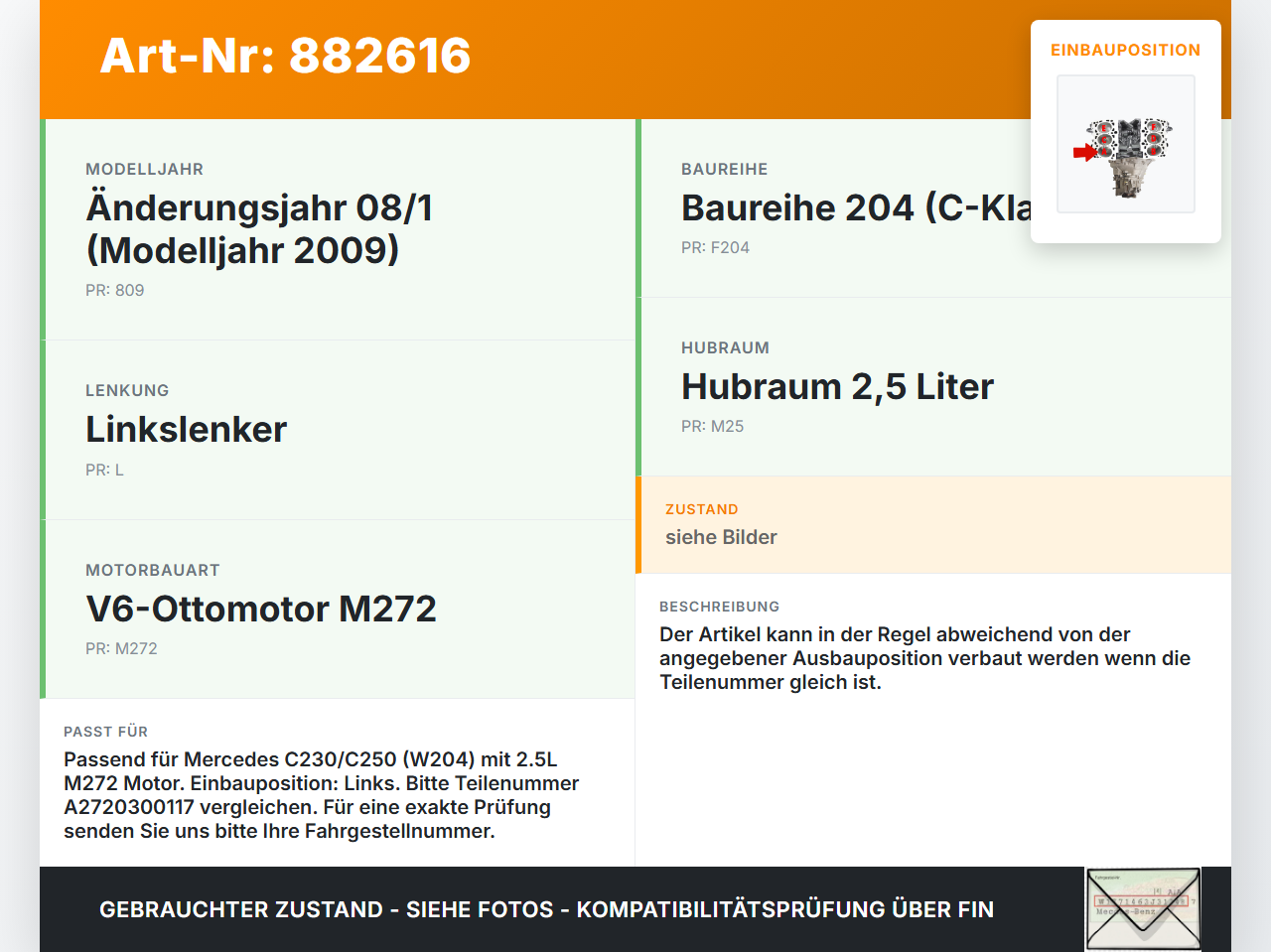 Mercedes W204 S204 C250 07-14 2,5 150KW 272921 Kolben mit Pleuel Pos A Mercedes W204 S204 C250 07-14 28.11.2008... Vorschau 3