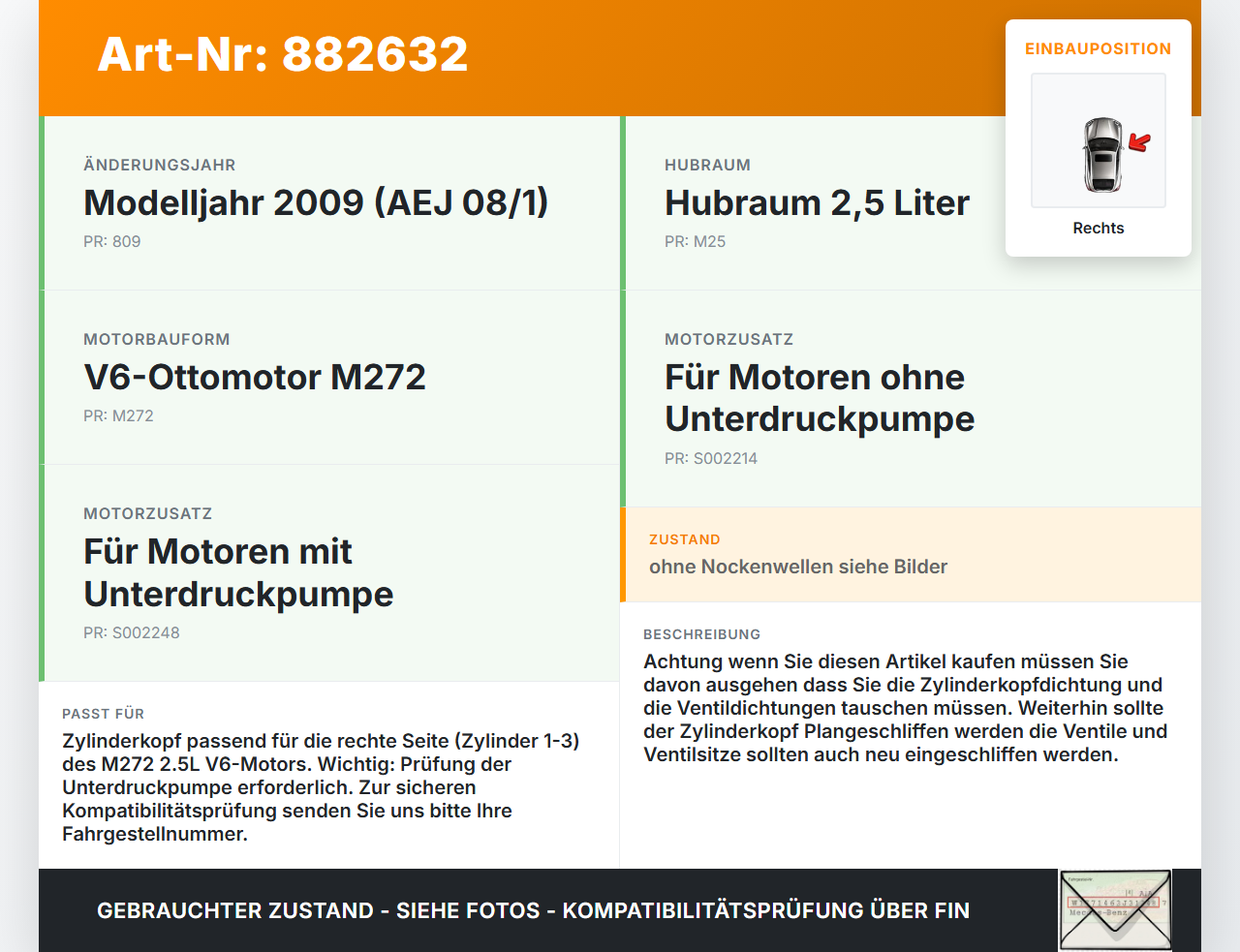Mercedes W204 S204 C250 07-14 2,5 150KW 272921 Zylinderkopf Rechts Mercedes W204 S204 C250 07-14 28.11.2008... Vorschau 3
