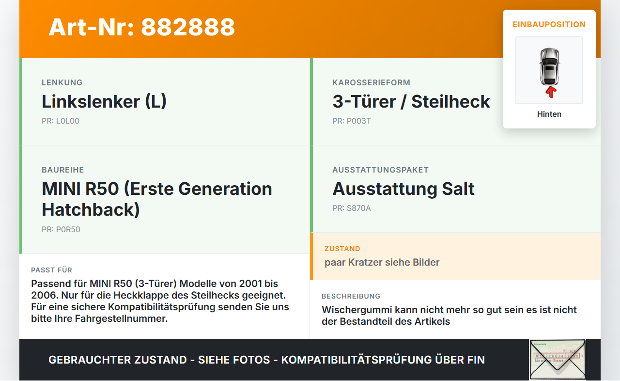 Mini One R50 01-06 3T Heckwischer Scheibenwischer Hinten Wischarm Mini One R50 01-06 04.09.2002 61627044625 gebraucht Vorschau 3