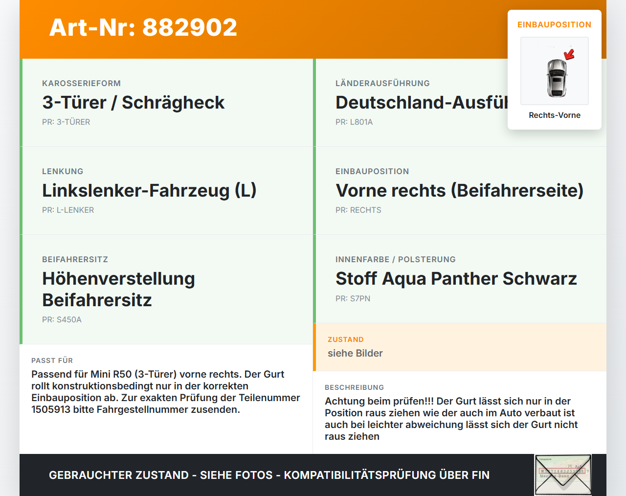Mini One R50 01-06 3T Gurt Sicherheitsgurt Rechts Vorne Mini One R50 01-06 04.09.2002 7211-1505913 1505913 gebraucht Vorschau 3