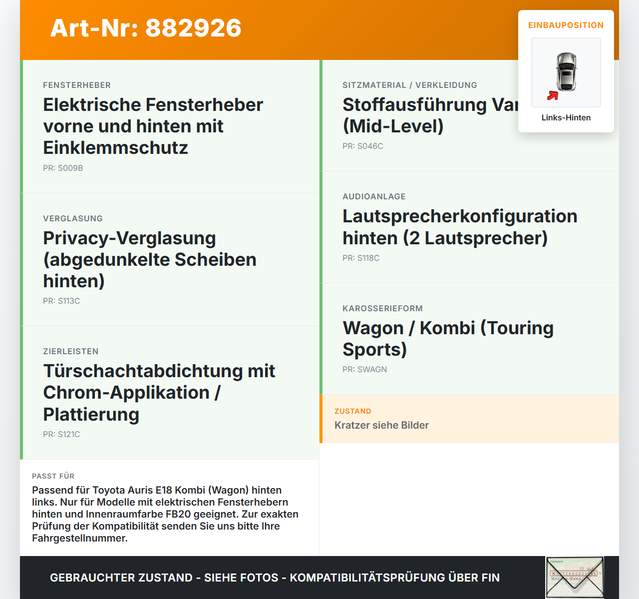 Toyota Auris E18 15-18 Kombi Türverkleidung Türpappe Links Hinten Toyota Auris E18 15-18 01.06.2015 gebraucht Vorschau 3