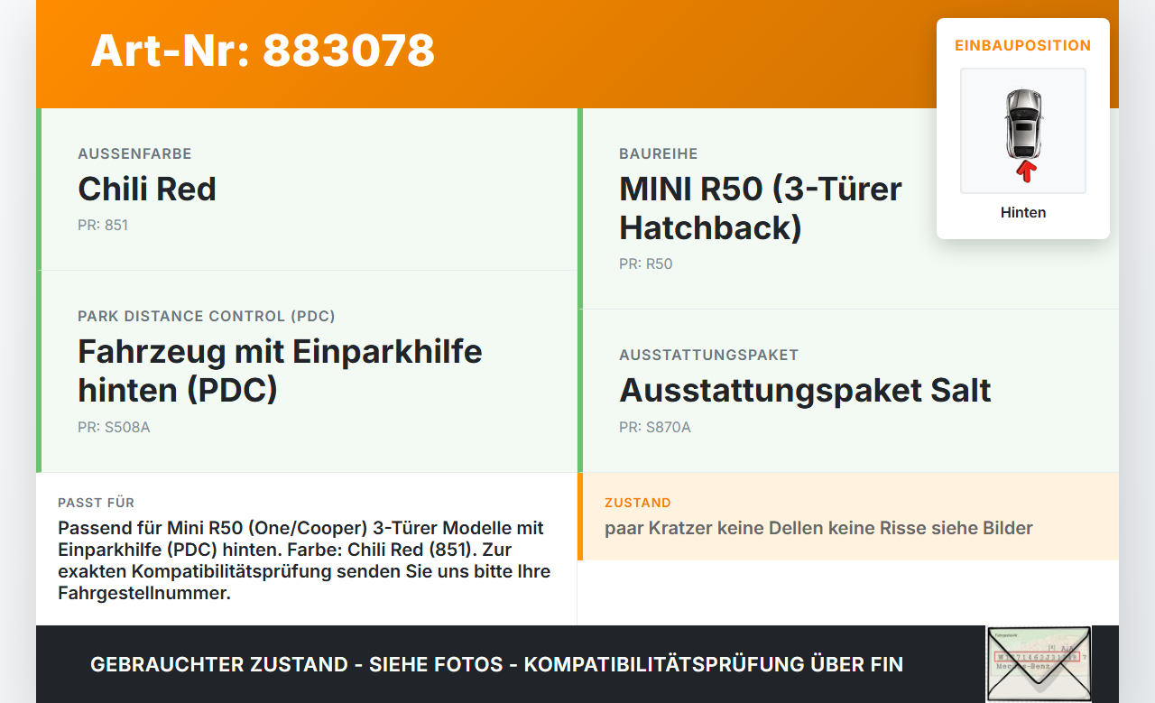 Mini One R50 01-06 3T Stoßstange Stoßfänger Hinten 851 Mini One R50 01-06 04.09.2002 5112-7048259 7048259 gebraucht Vorschau 3