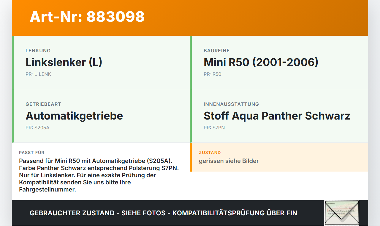 Mini One R50 01-06 Schaltsack Schaltmanschette vom Schaltknauf Mini One R50 01-06 04.09.2002 25110393568 gebraucht Vorschau 3