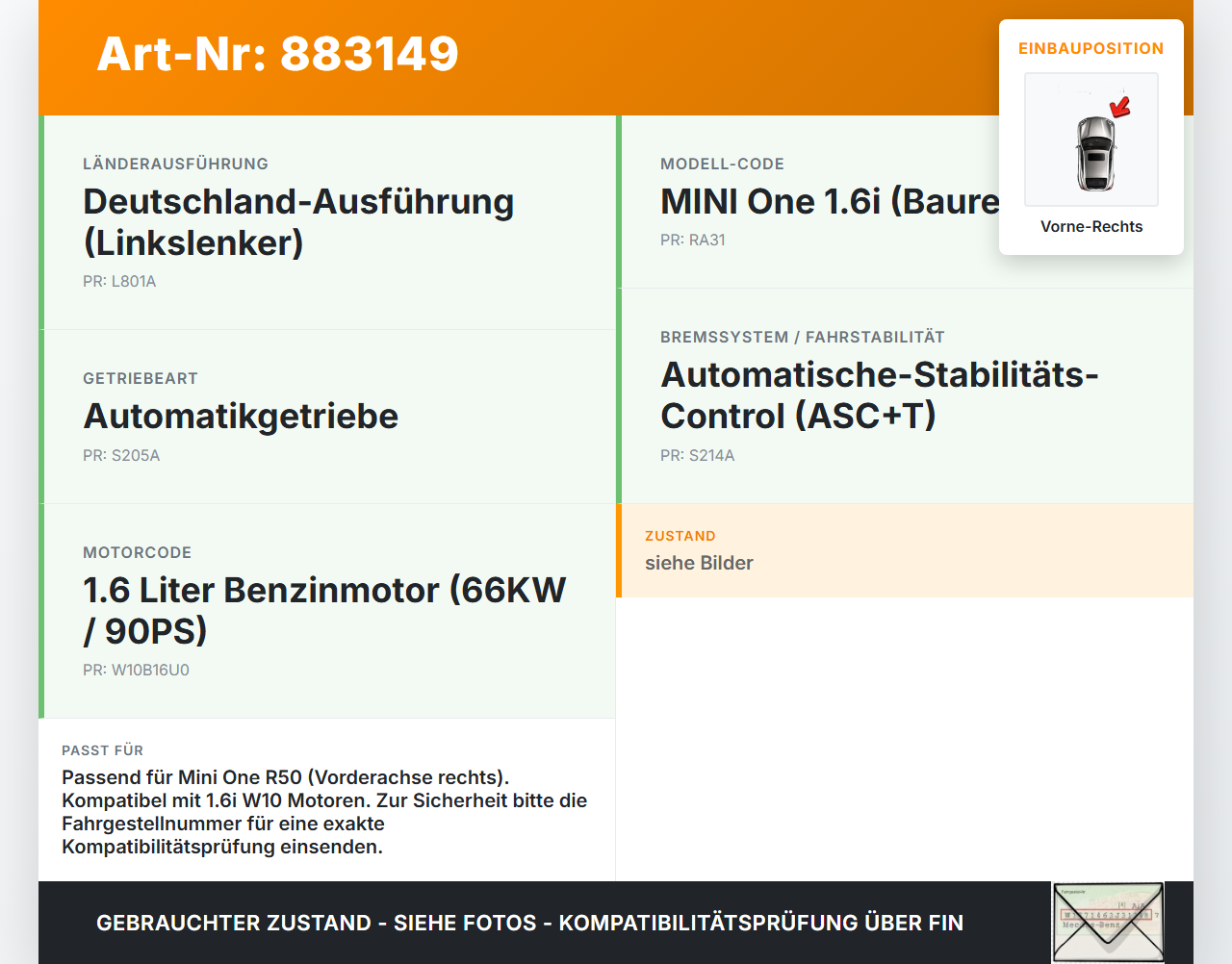 Mini One R50 01-06 1,6i 66KW Bremssattel Bremszange Vorne Rechts Mini One R50 01-06 04.09.2002 3411-6770192 6770192... Vorschau 3