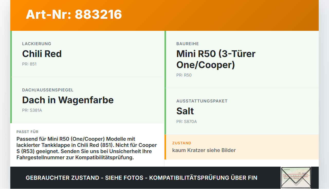 Mini One R50 01-06 Tankdeckel Tankklappe mit Tankdeckelarm 851 Mini One R50 01-06 04.09.2002 51177061286 gebraucht Vorschau 3