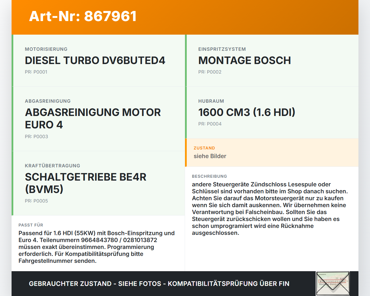 Peugeot Partner II 08-12 HDI 1,6 55KW Steuergerät ECU für Motor Motorsteuergerät Peugeot Partner II 08-12... Vorschau 3