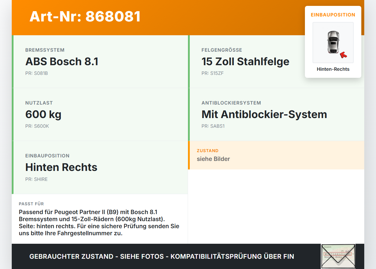 Peugeot Partner II 08-12 HDI 1,6 55KW Bremssattel Bremszange Hinten Rechts Peugeot Partner II 08-12 18.12.2009... Vorschau 3