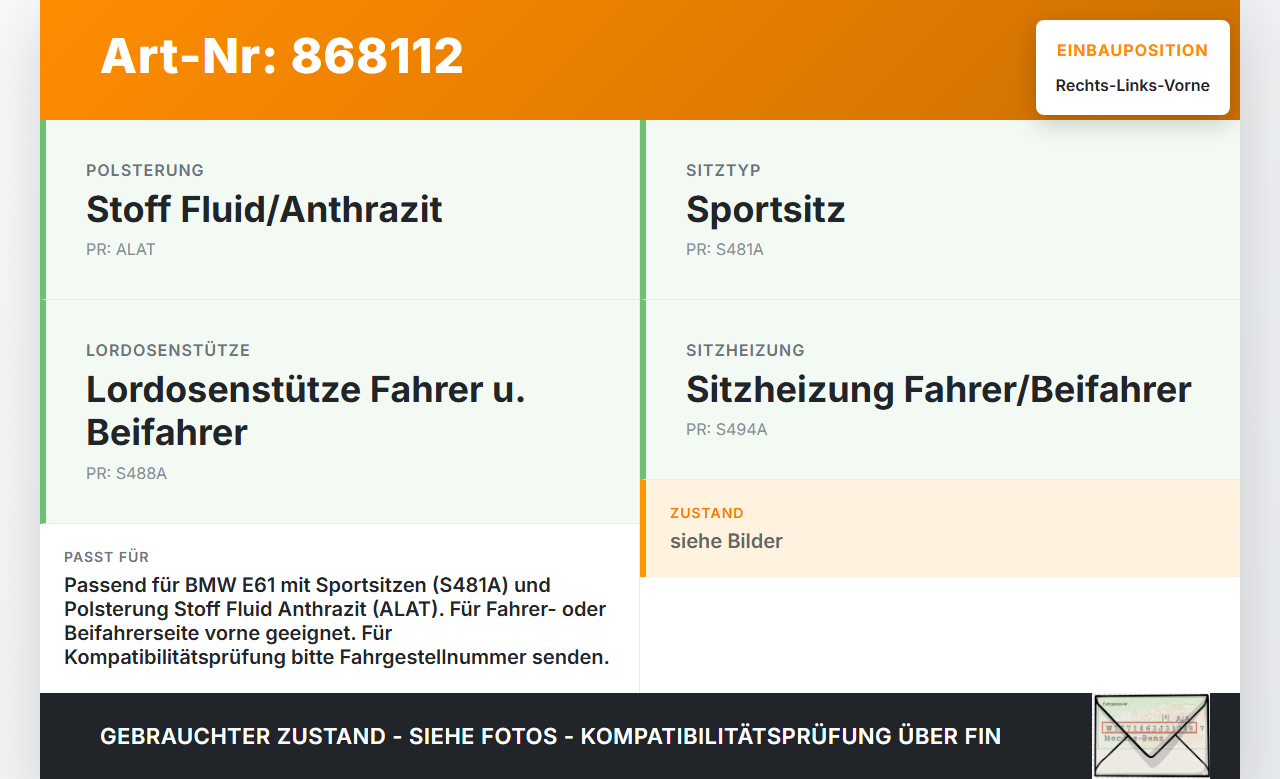 BMW E61 525d 04-07 Kopfstütze für Fahrer Sitz Rechts oder Links Vorne Schwarz BMW E61 525d 04-07 09.11.2006... Vorschau 3