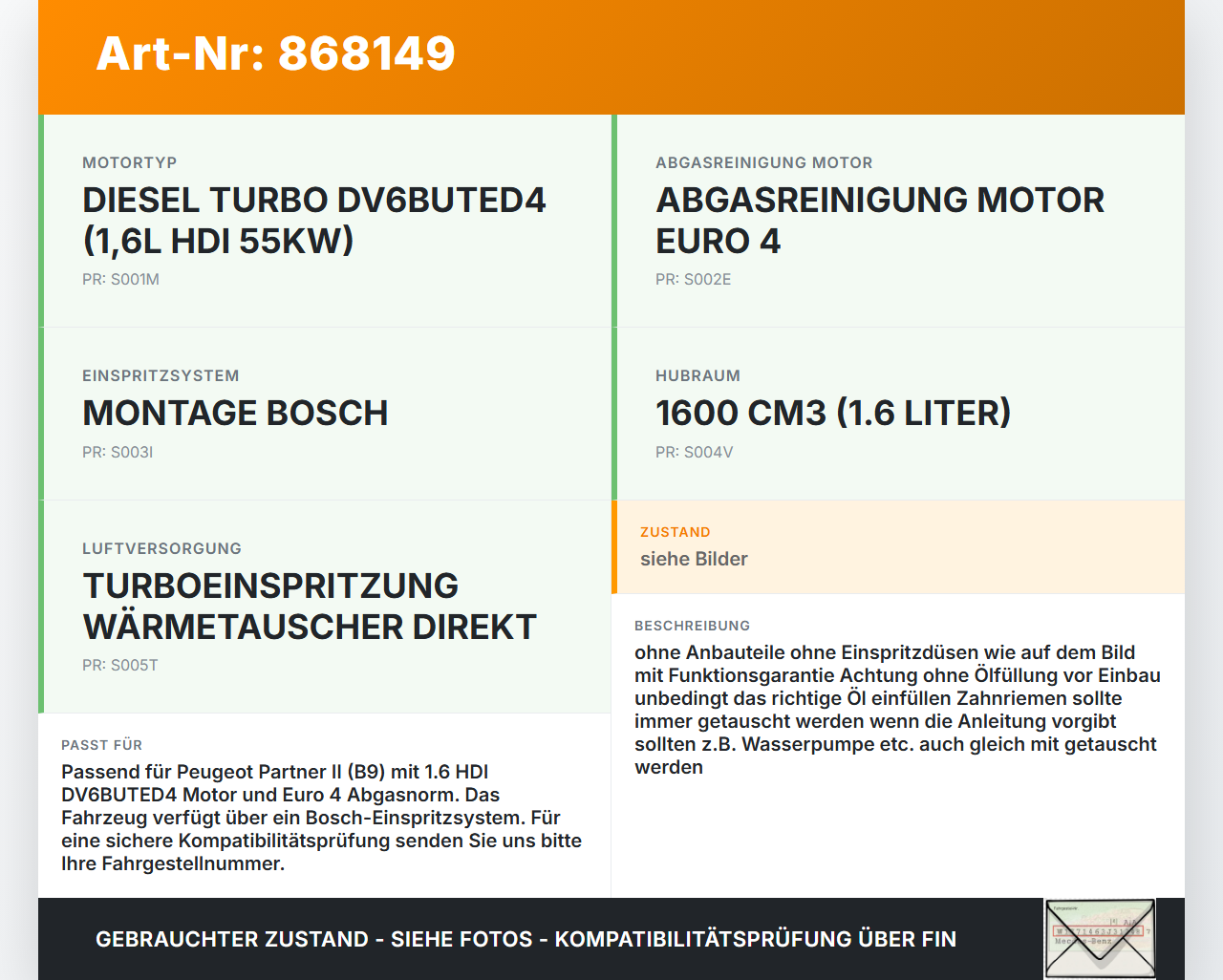 Peugeot Partner II 08-12 HDI 1,6 55KW DV6BUTED4 Motor Triebwerk Peugeot Partner II 08-12 18.12.2009 0135PN gebraucht Vorschau 3