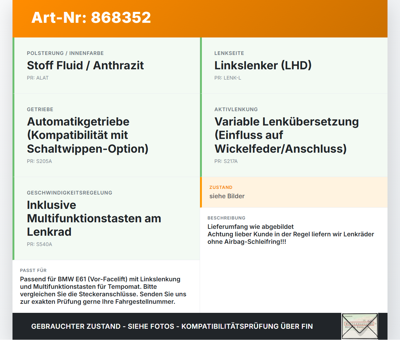 BMW E61 525d 04-07 Lenkrad Airbaglenkrad BMW E61 525d 04-07 09.11.2006 6770075 32346770075 31377371 gebraucht Vorschau 3