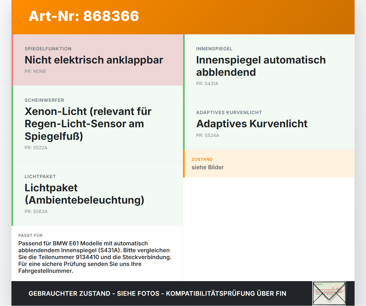 BMW E61 525d 04-07 Innenspiegel Rückspiegel Spiegel Innen Elektrochrom BMW E61 525d 04-07 09.11.2006 5116-9134410... Vorschau 3
