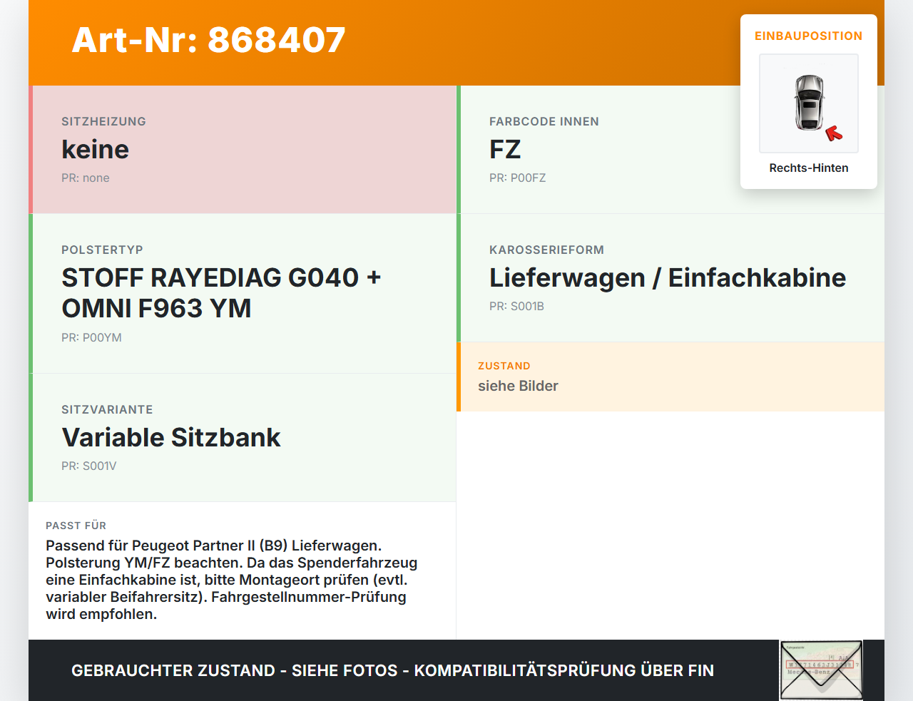 Peugeot Partner II 08-12 Sitz Rechts Hinten Peugeot Partner II 08-12 18.12.2009 gebraucht Vorschau 3