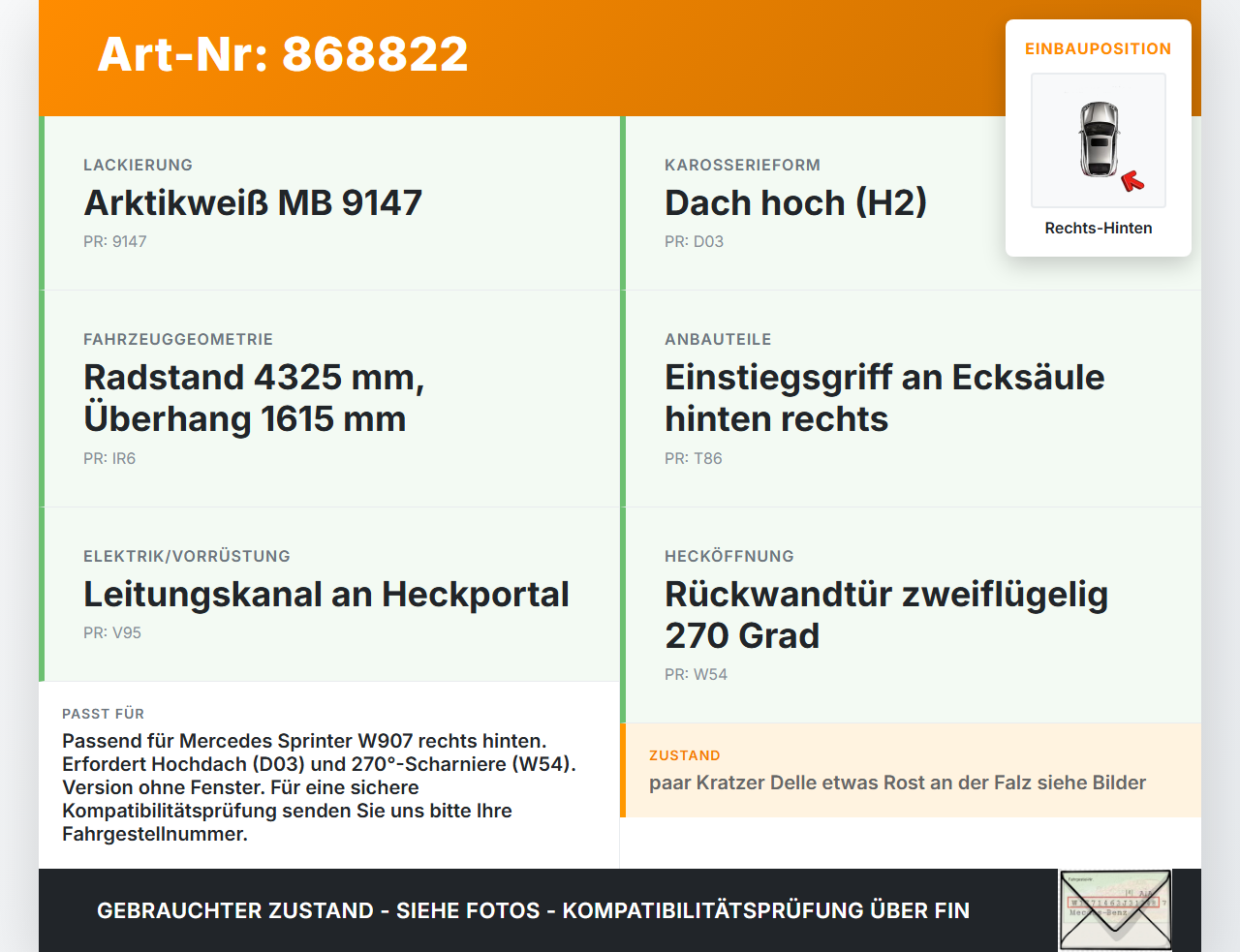 Mercedes Sprinter III 18-26 907  L2H2 Tür Flügeltür Hecktür Rechts Hinten 9147 Mercedes Sprinter III 18-26 907... Vorschau 3
