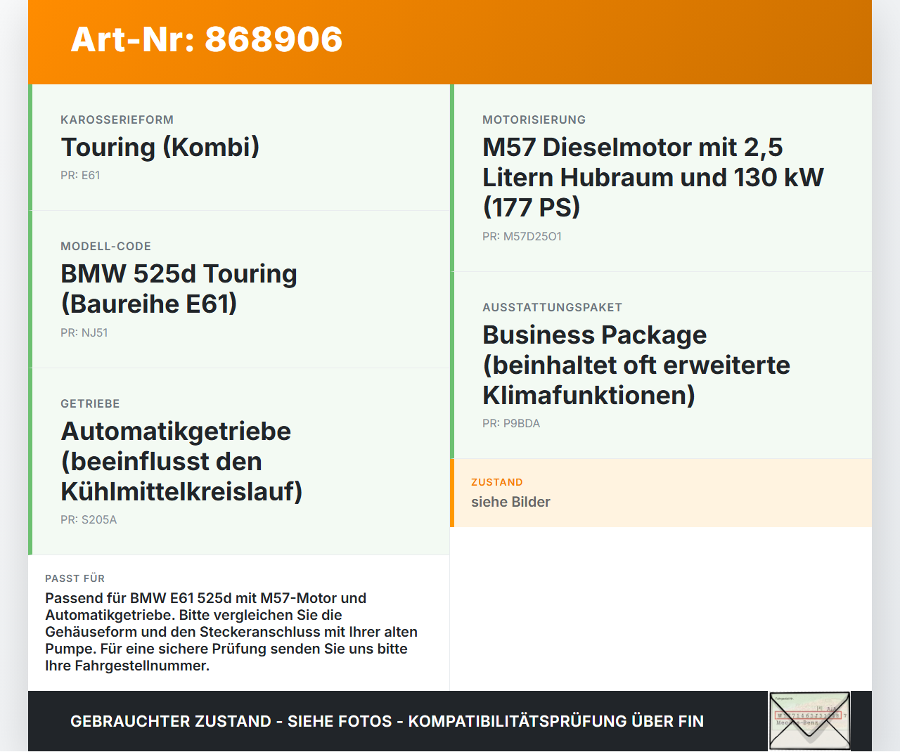 BMW E61 525d 04-07 2,5d 130KW Umwelzpumpe Heizung Pumpe BMW E61 525d 04-07 09.11.2006 6917700 64216917700 gebraucht Vorschau 3