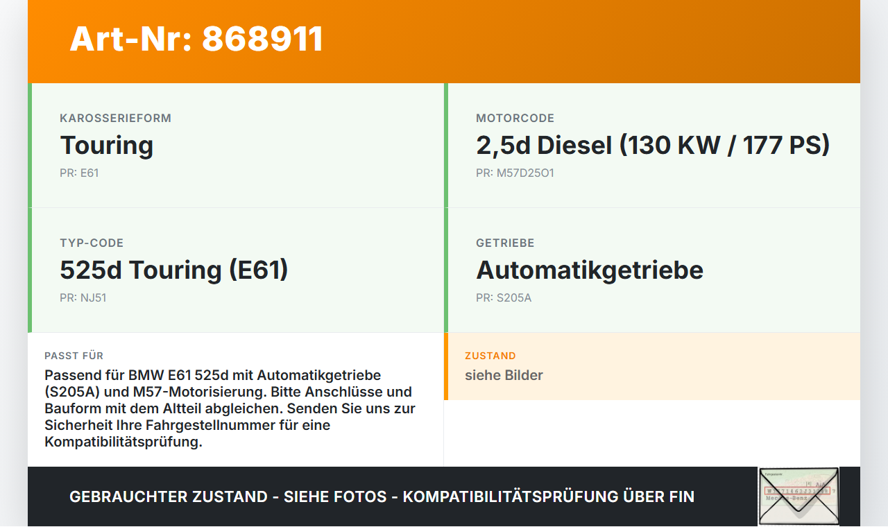 BMW E61 525d 04-07 2,5d 130KW Ölkühler Wärmetauscher BMW E61 525d 04-07 09.11.2006 7788462 11427788462 gebraucht Vorschau 3