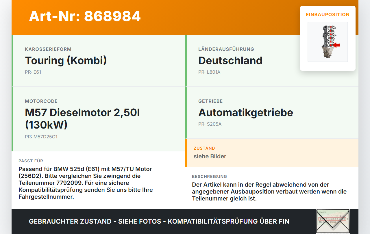 BMW E61 525d 04-07 2,5d 130KW M57/TU 256D2 Kolben mit Pleuel Pos A BMW E61 525d 04-07 09.11.2006 1125-7792099... Vorschau 3