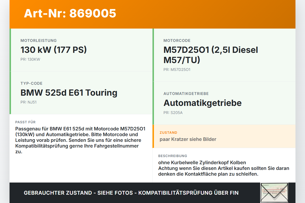 BMW E61 525d 04-07 2,5d 130KW M57/TU 256D2 Motorblock für Motor BMW E61 525d 04-07 09.11.2006 23216381 1111-0306963... Vorschau 3