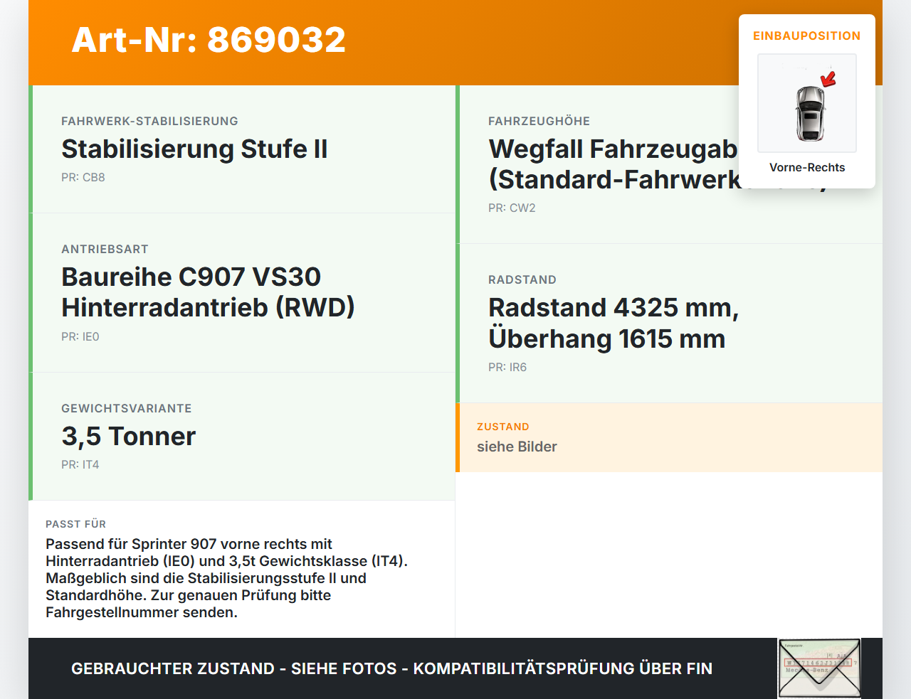 Mercedes Sprinter III 18-26 907 Stossdämpfer Vorne Rechts Mercedes Sprinter III 18-26 907 29.10.2020 A9073205201... Vorschau 3