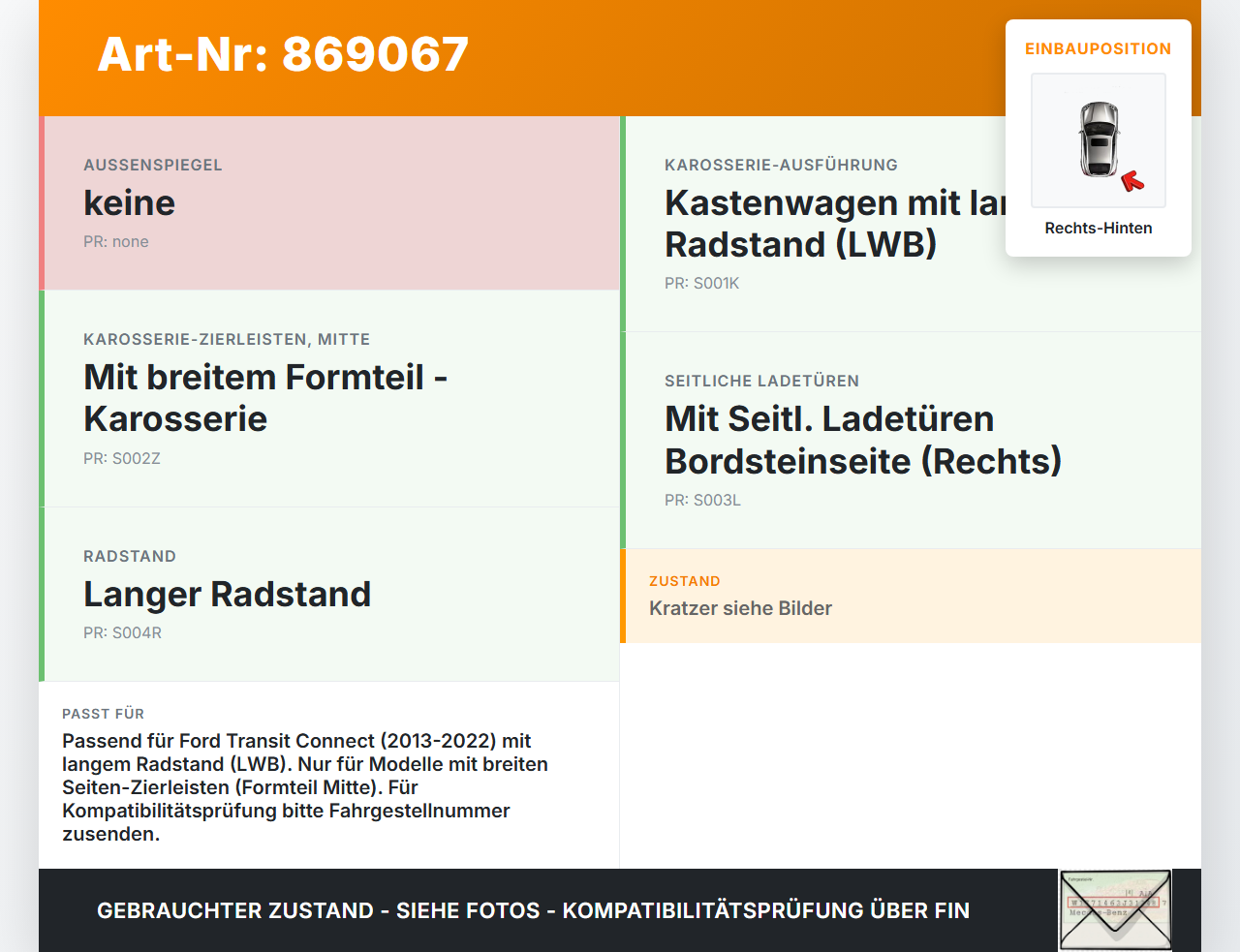 Ford Transit Connect 13-22 Lang Türleiste Beplankung Rechts Hinten Mitte Aussen 5D Ford Transit Connect 13-22... Vorschau 3
