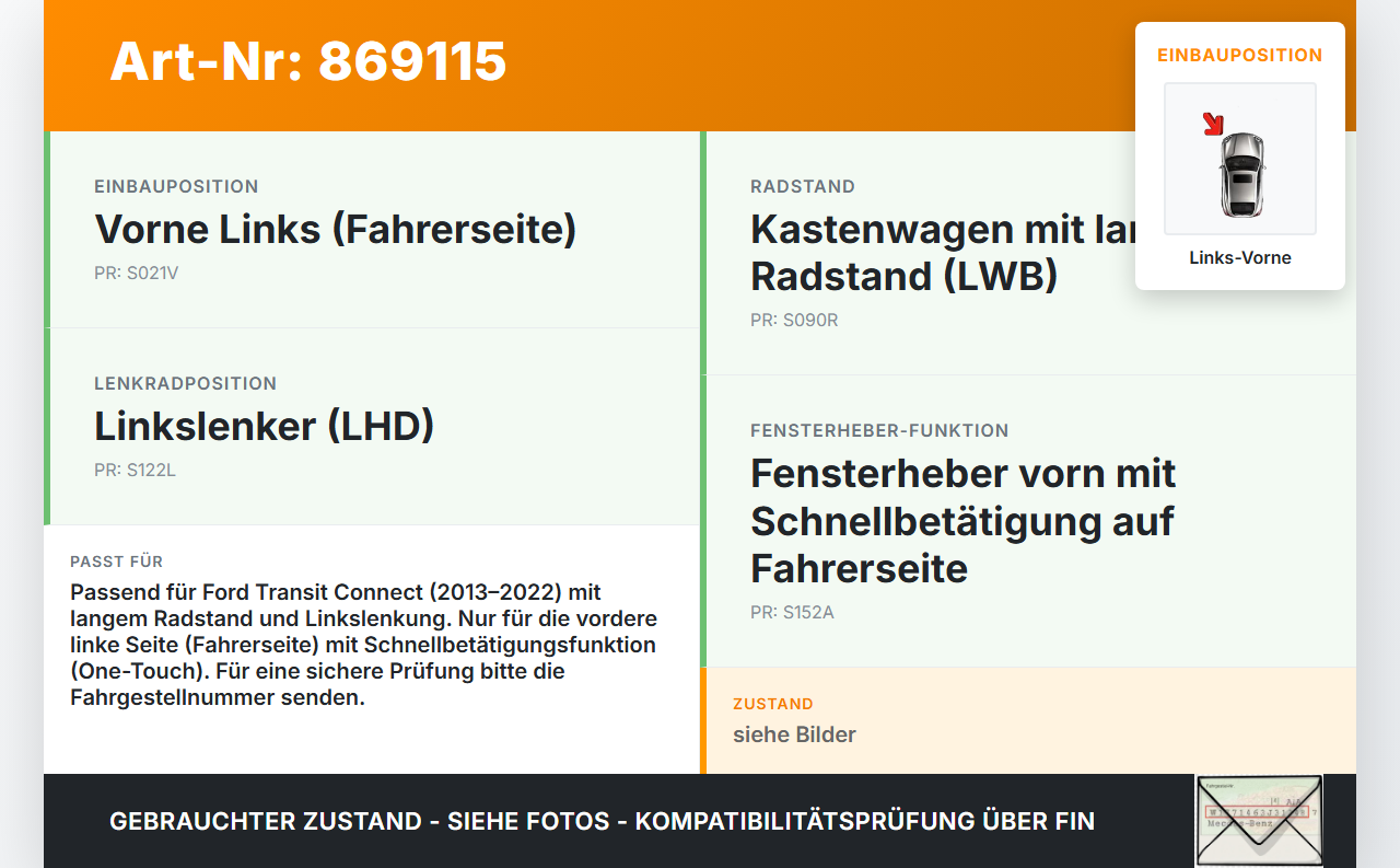 Ford Transit Connect 13-22 Lang Fensterhebermotor mit Fensterheber Links Vorne Ford Transit Connect 13-22... Vorschau 3