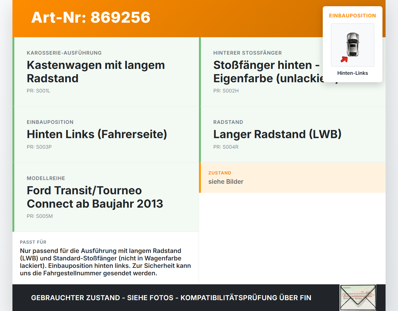 Ford Transit Connect 13-22 Lang Reflektor für Stoßstange Hinten Links Ford Transit Connect 13-22 20.07.2017... Vorschau 3