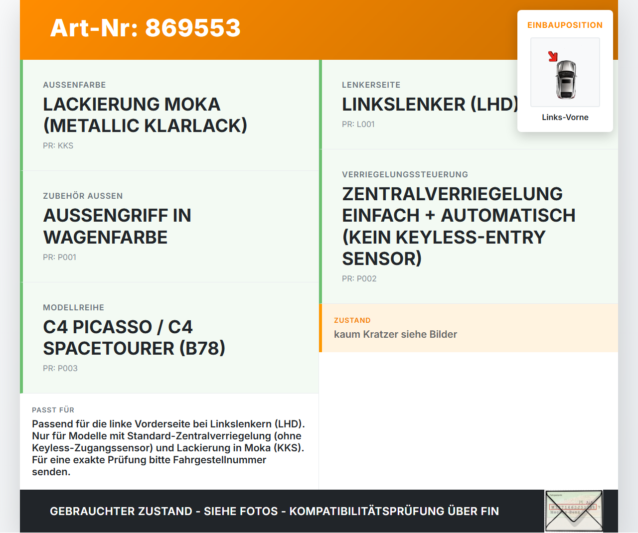 Citroen C4 Picasso II 13-16 Grand Türgriff Griff aussen Links Vorne KKS Citroen C4 Picasso II 13-16 05.01.2015... Vorschau 3